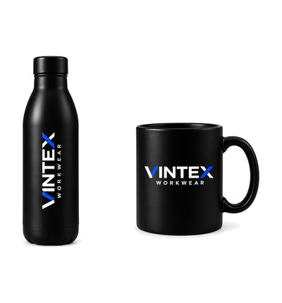 Black Vintex water bottle and mug